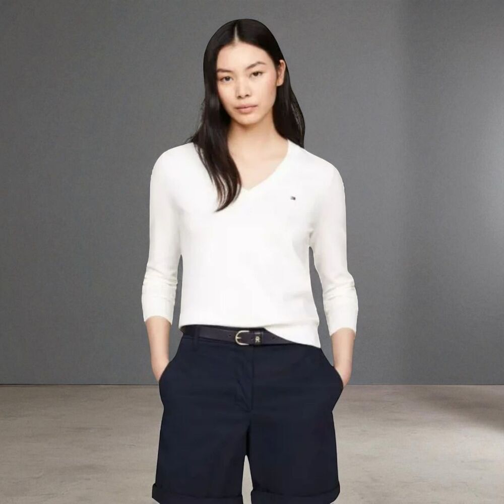 Tommy Hilfiger V-Neck Sweater M Long Sleeve Cotton Jersey White  Classic Casual